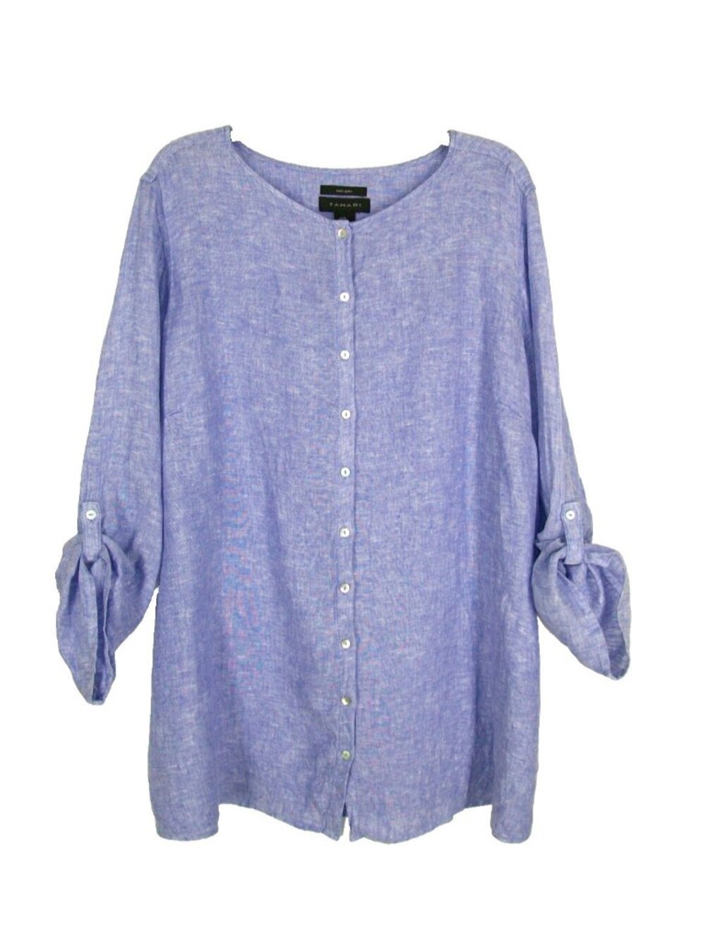 Tahari Blue Linen Button Up sz 2X Top Blouse Tunic Roll Tab Sleeves